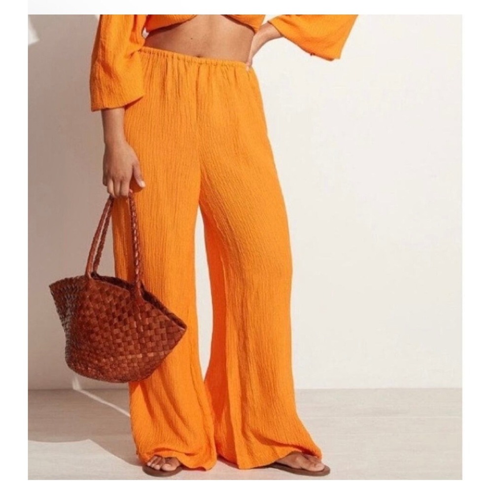 Faithfull The Brand Rupina Pants Tangerine Orange Linen Blend Wide Leg Size M